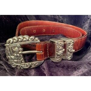 Disney Mickey & Co By Brighton Brown Statement Belt Silver Mickey Train Buckle